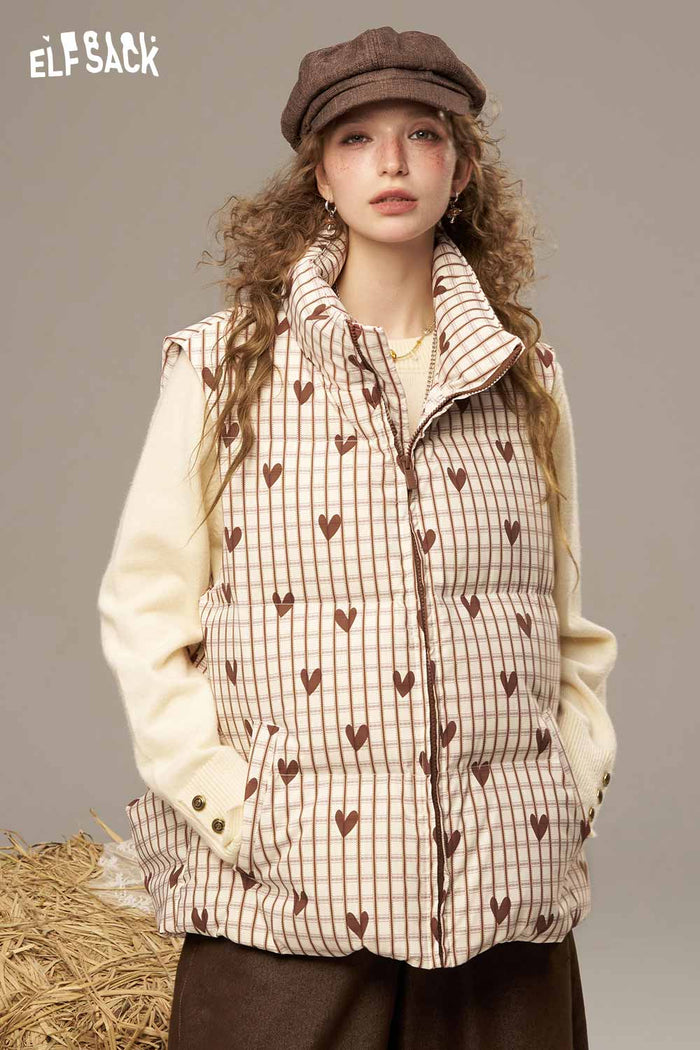 ELFSACK Soft Heart And Checkered Pattern Design Sleeveless Down Jacket