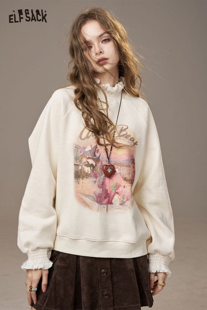 ELFSACK soft High-Neck Top with Floral Print and Ruffle Sleeve Cuffs
