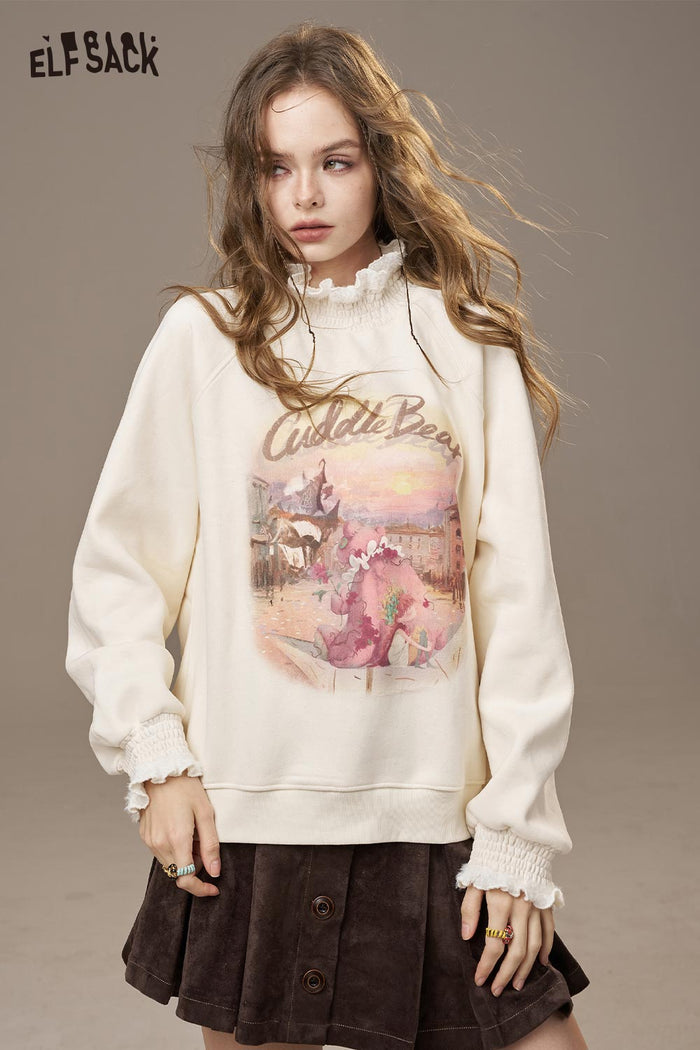 ELFSACK soft High-Neck Top with Floral Print and Ruffle Sleeve Cuffs