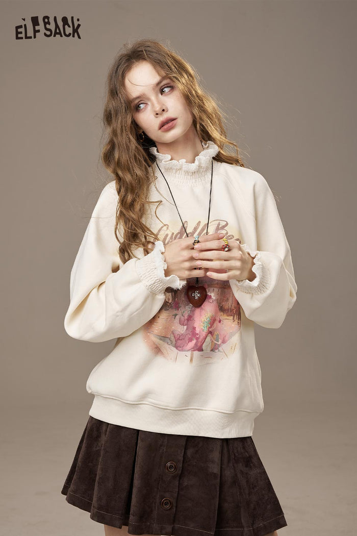 ELFSACK soft High-Neck Top with Floral Print and Ruffle Sleeve Cuffs