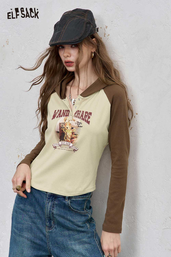 ELFSACK Soft Hooded Contrast Raglan Graphic Print Design Sweatshirt