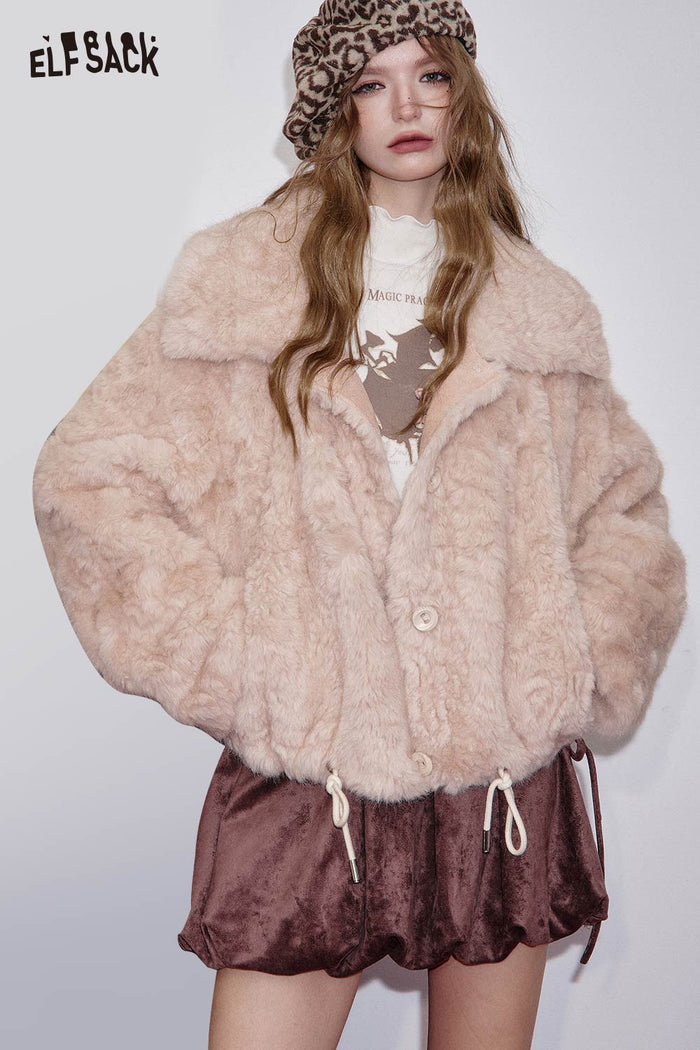 ELFSACK Soft Hooded Drawstring Solid Color Plush Texture Winter Coat