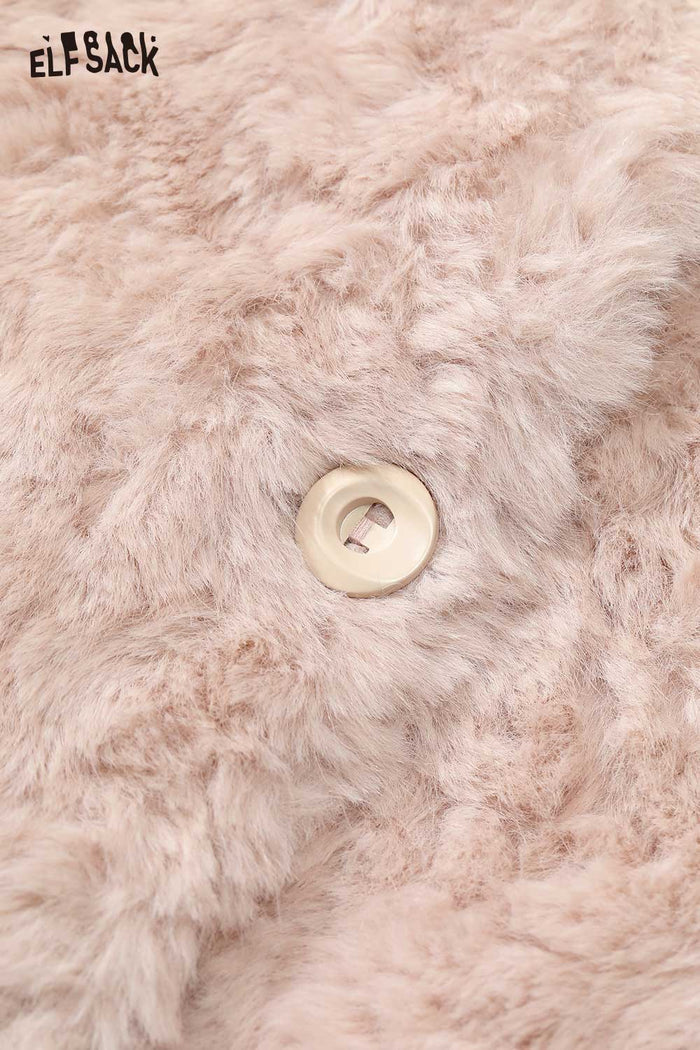 ELFSACK Soft Hooded Drawstring Solid Color Plush Texture Winter Coat