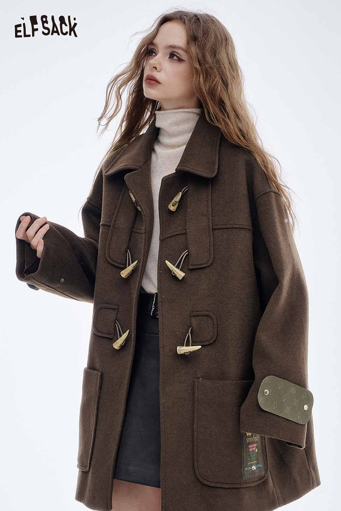 ELFSACK Soft Horn Toggle Button Lapel Wool Blend Coat