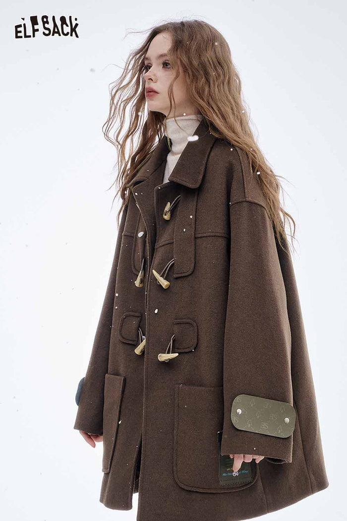 ELFSACK Soft Horn Toggle Button Lapel Wool Blend Coat