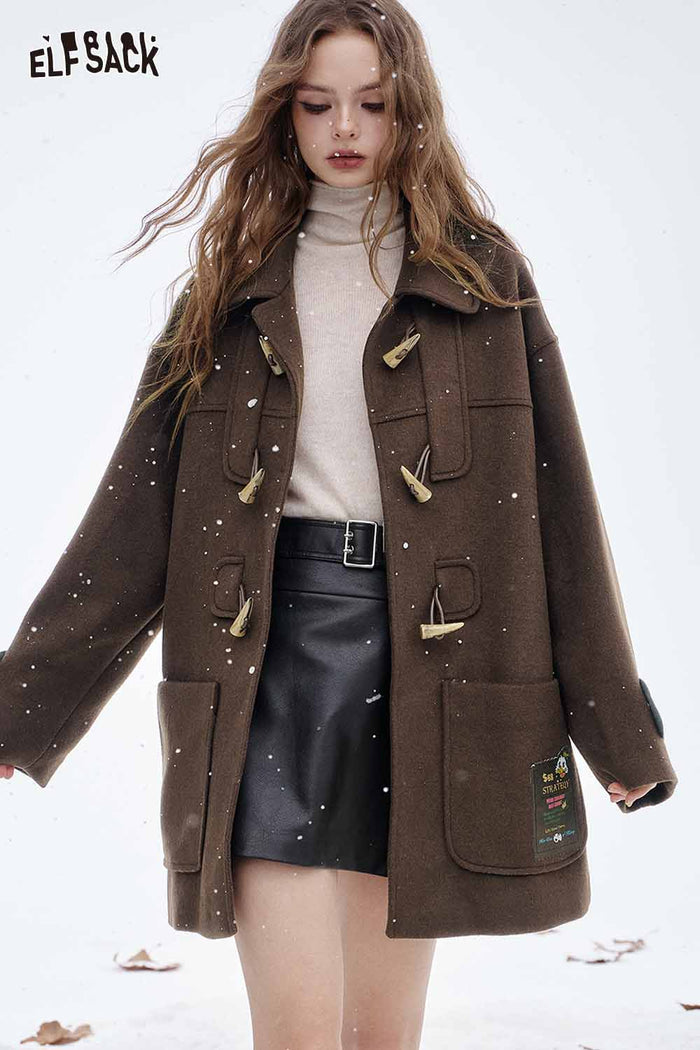 ELFSACK Soft Horn Toggle Button Lapel Wool Blend Coat