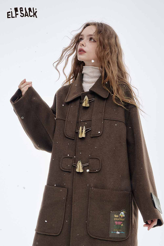 ELFSACK Soft Horn Toggle Button Lapel Wool Blend Coat