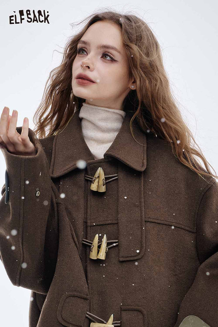 ELFSACK Soft Horn Toggle Button Lapel Wool Blend Coat
