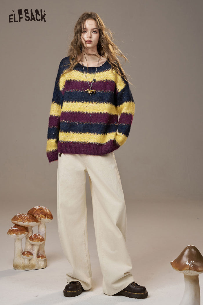 ELFSACK Soft Knit Color Block Striped Star Design Loose Fit Sweater