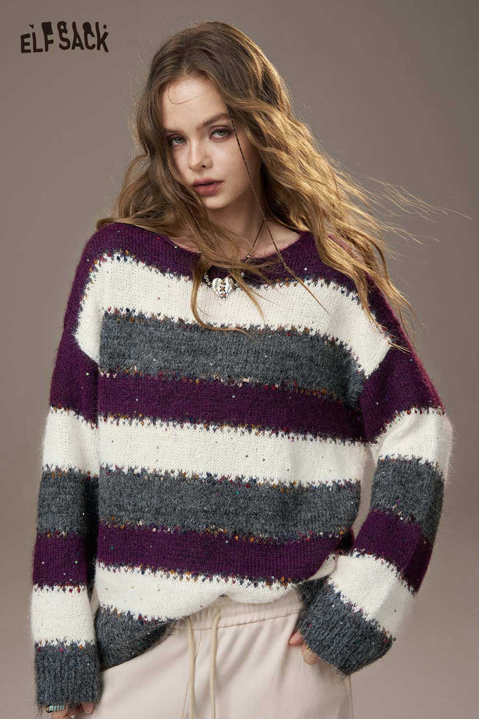 ELFSACK Soft Knit Color Block Striped Star Design Loose Fit Sweater