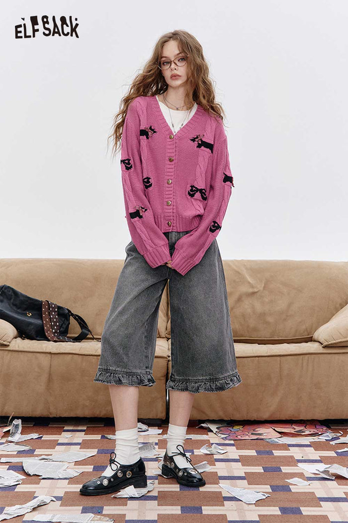 ELFSACK Soft Knit Fabric Dimensional Dog Motif Button Front Cardigan