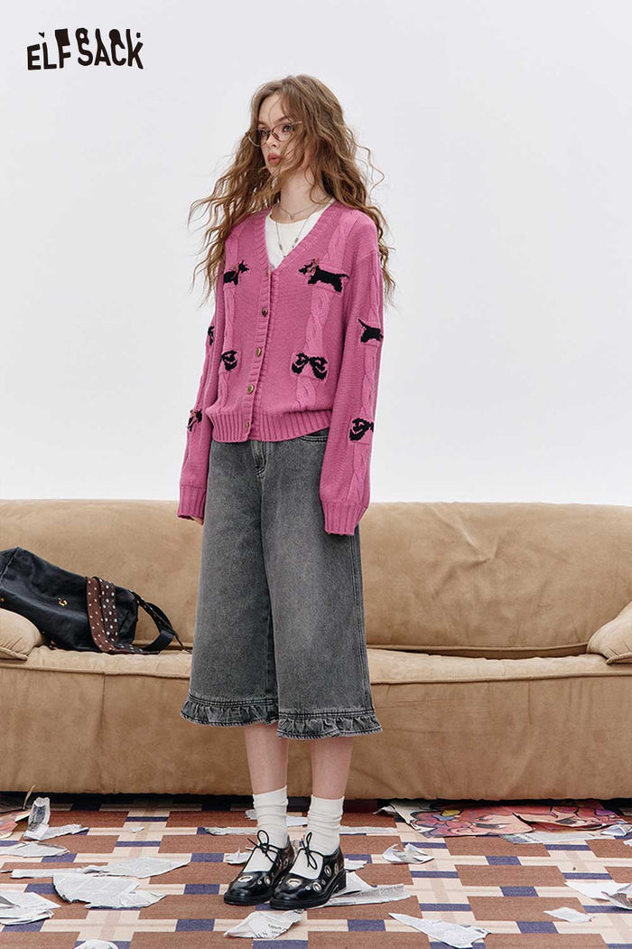 ELFSACK Soft Knit Fabric Dimensional Dog Motif Button Front Cardigan