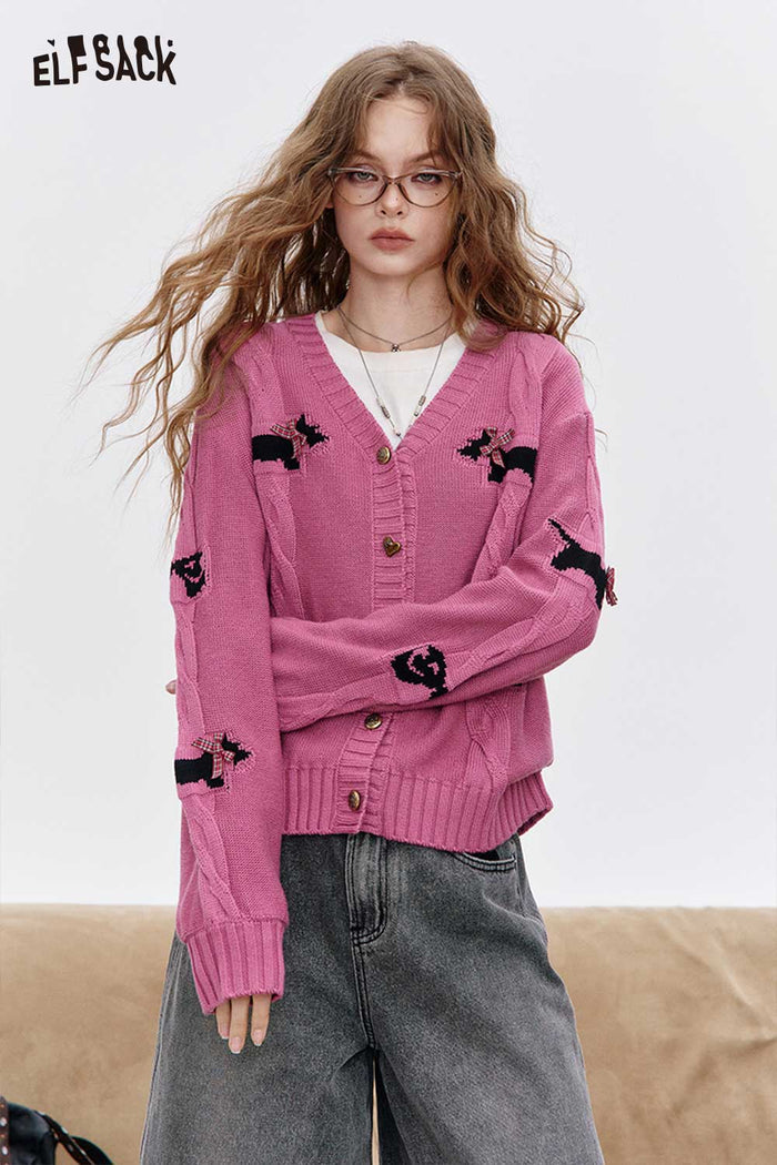 ELFSACK Soft Knit Fabric Dimensional Dog Motif Button Front Cardigan