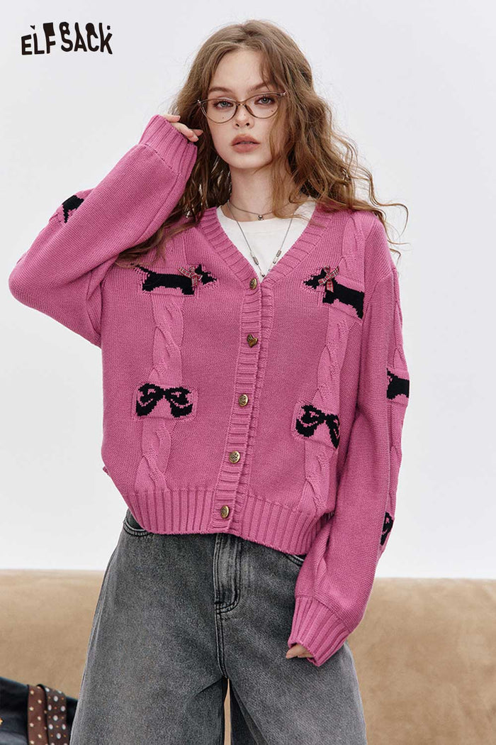 ELFSACK Soft Knit Fabric Dimensional Dog Motif Button Front Cardigan