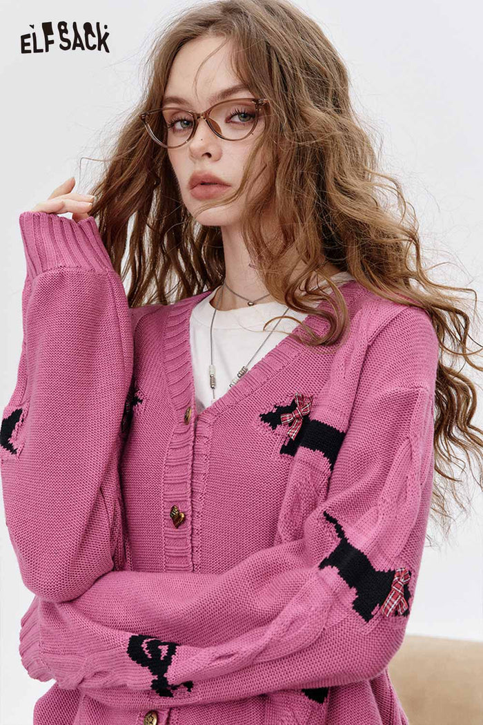 ELFSACK Soft Knit Fabric Dimensional Dog Motif Button Front Cardigan
