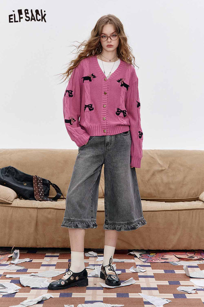 ELFSACK Soft Knit Fabric Dimensional Dog Motif Button Front Cardigan