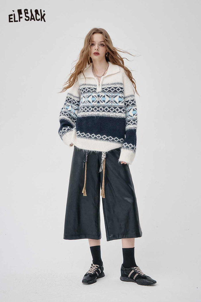 ELFSACK Soft Knit Half Zip Fair Isle Lapel Collar Sweater