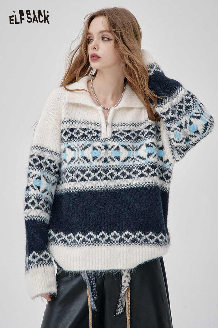 ELFSACK Soft Knit Half Zip Fair Isle Lapel Collar Sweater