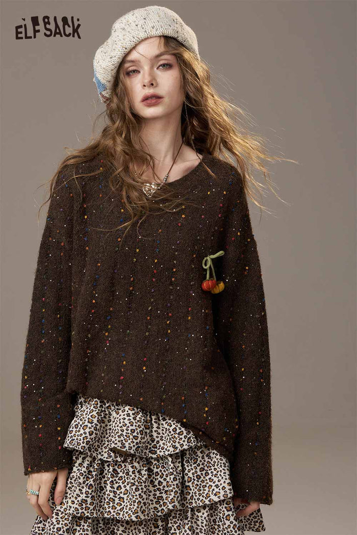 ELFSACK Soft Knit Pumpkin Motif Colorful Bead Accent Loose Fit Sweater
