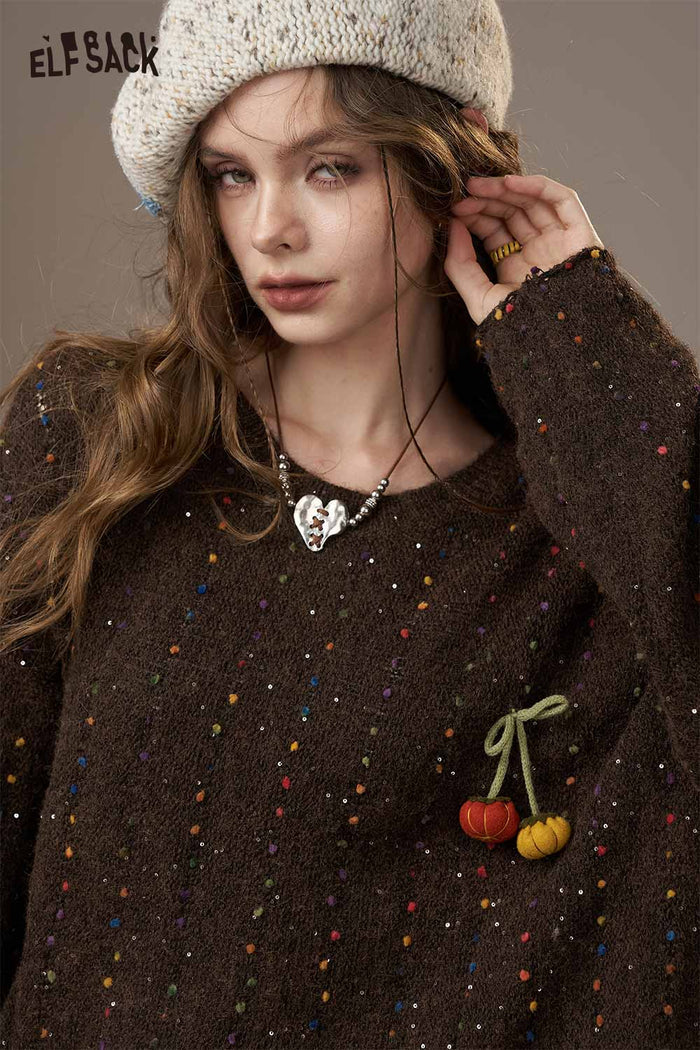 ELFSACK Soft Knit Pumpkin Motif Colorful Bead Accent Loose Fit Sweater