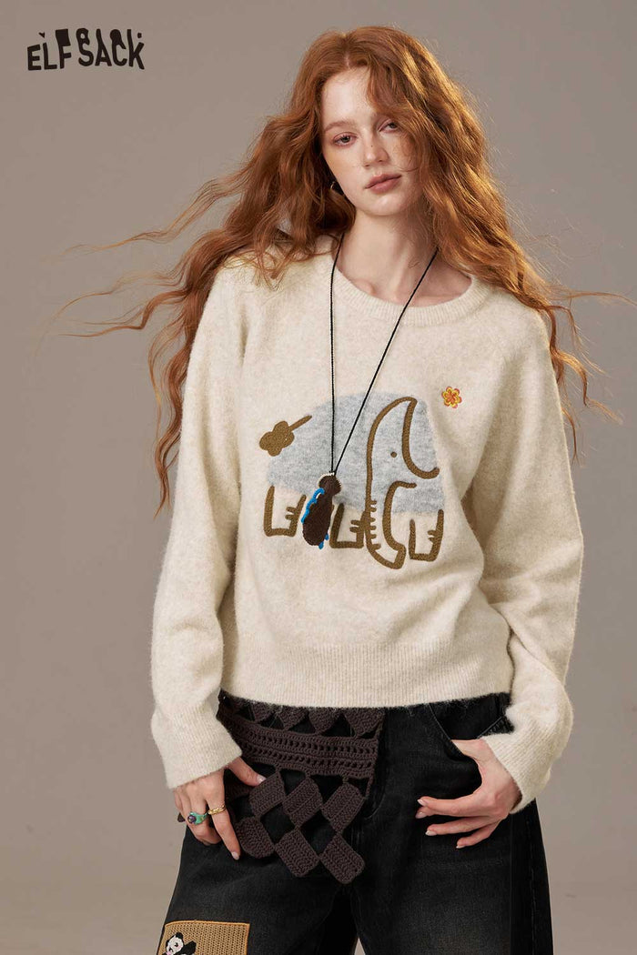 ELFSACK Soft Knit Round Neck Cartoon Embroidery Loose Fit Sweater