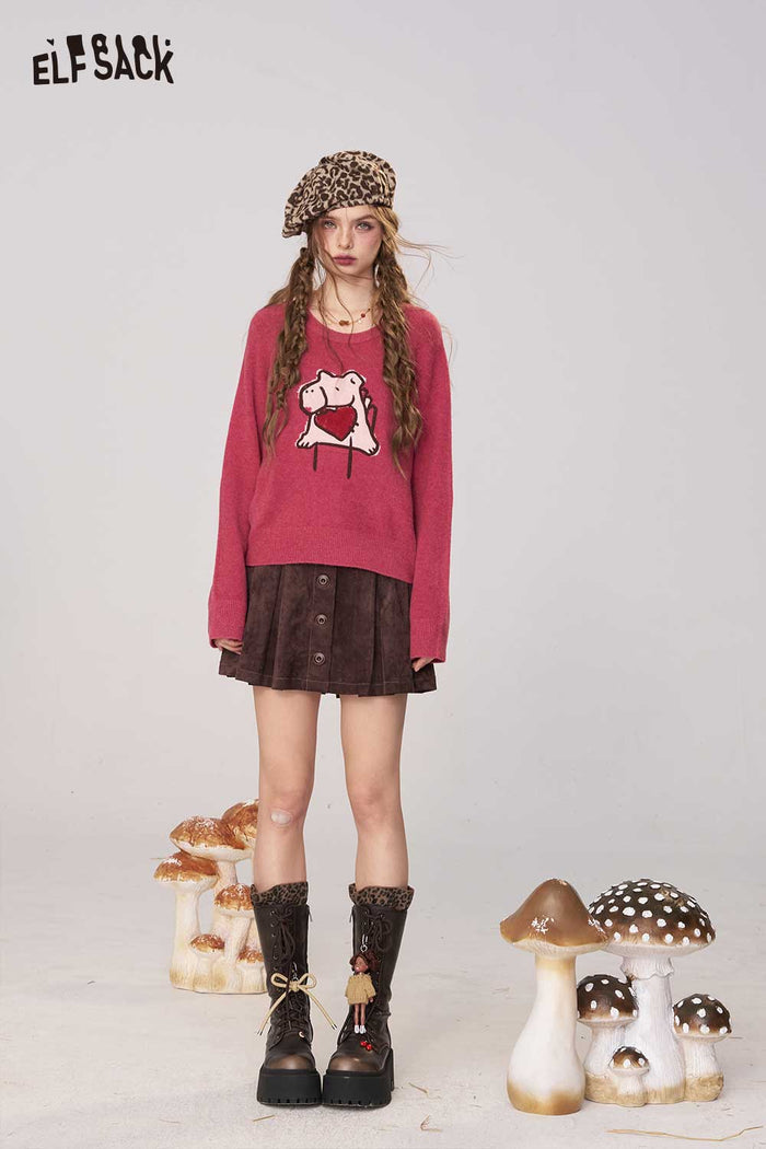 ELFSACK Soft Knit Round Neck Cartoon Embroidery Loose Fit Sweater