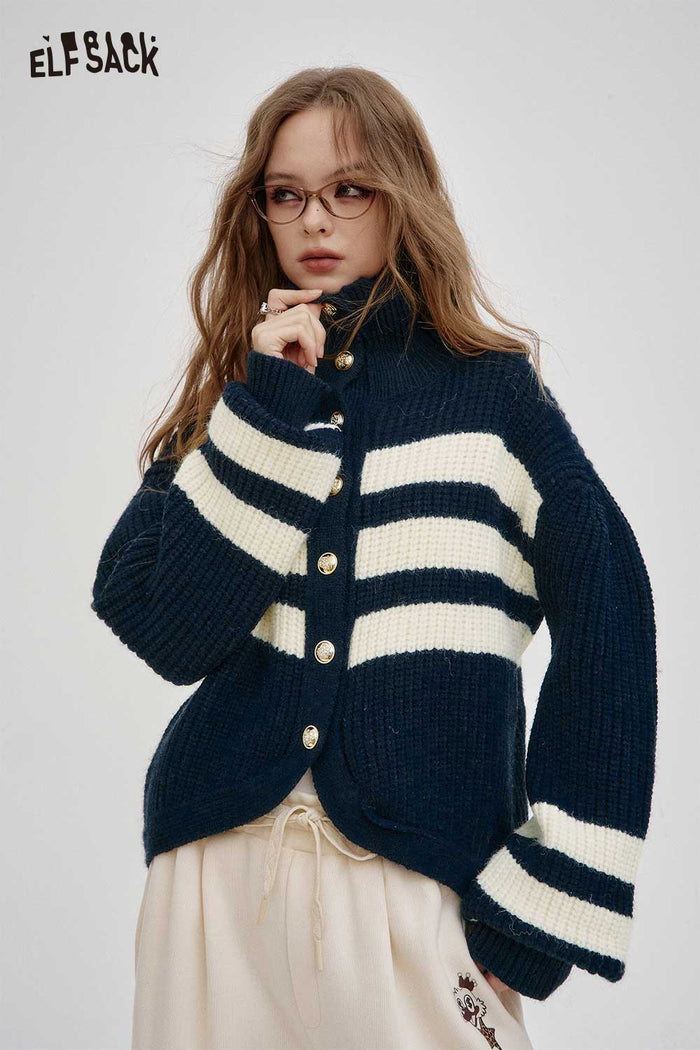 ELFSACK Soft Knit Stand Collar Striped Design Loose Fit Cardigan