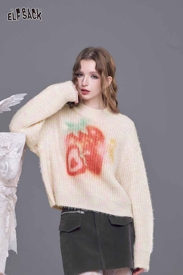ELFSACK Soft Knit Sweater with Oversized Strawberry Graphic Design