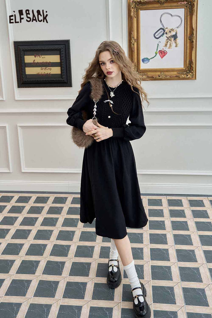 ELFSACK Soft Knitted Lantern Sleeve Halloween Round Neck Design Maxi Dress