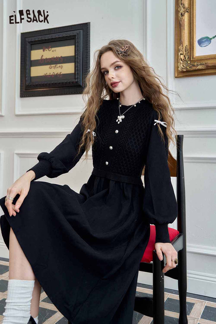 ELFSACK Soft Knitted Lantern Sleeve Halloween Round Neck Design Maxi Dress