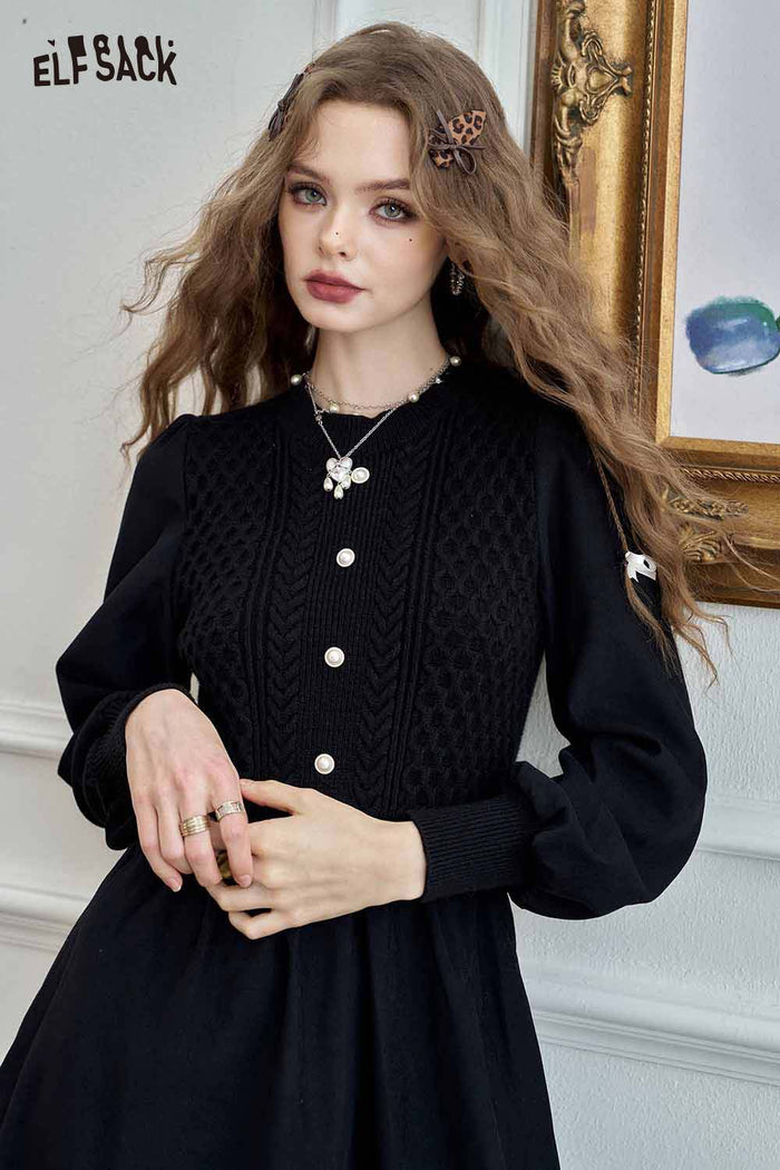 ELFSACK Soft Knitted Lantern Sleeve Halloween Round Neck Design Maxi Dress
