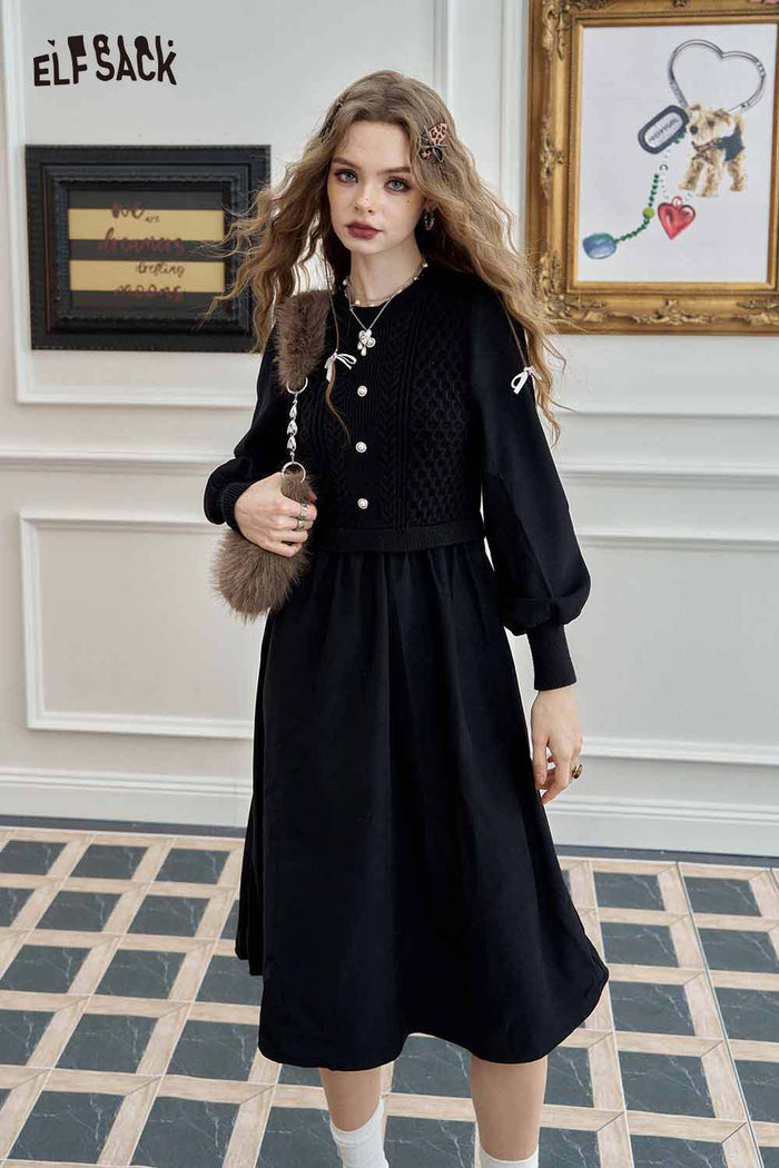 ELFSACK Soft Knitted Lantern Sleeve Halloween Round Neck Design Maxi Dress