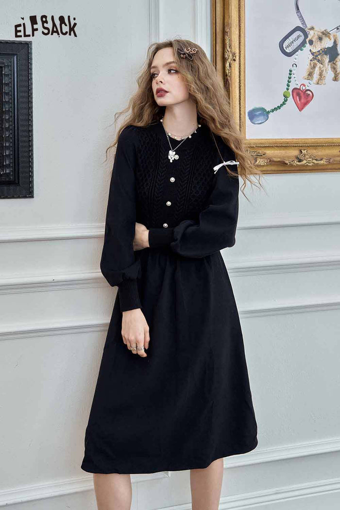 ELFSACK Soft Knitted Lantern Sleeve Halloween Round Neck Design Maxi Dress
