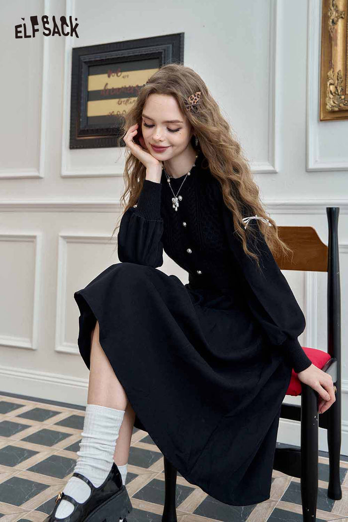 ELFSACK Soft Knitted Lantern Sleeve Halloween Round Neck Design Maxi Dress