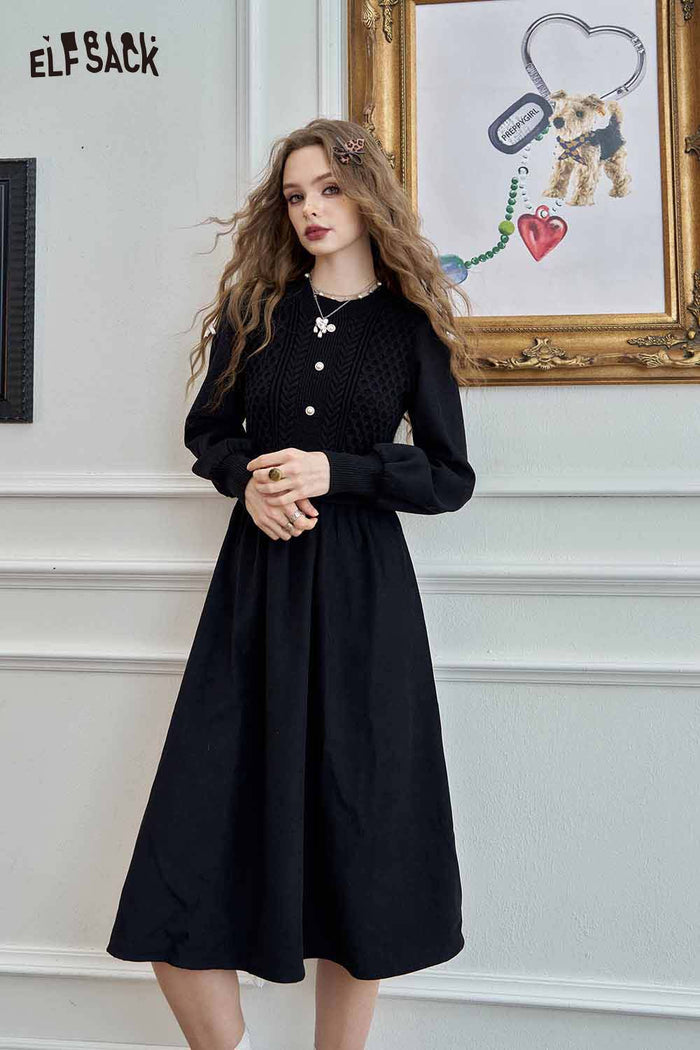 ELFSACK Soft Knitted Lantern Sleeve Halloween Round Neck Design Maxi Dress