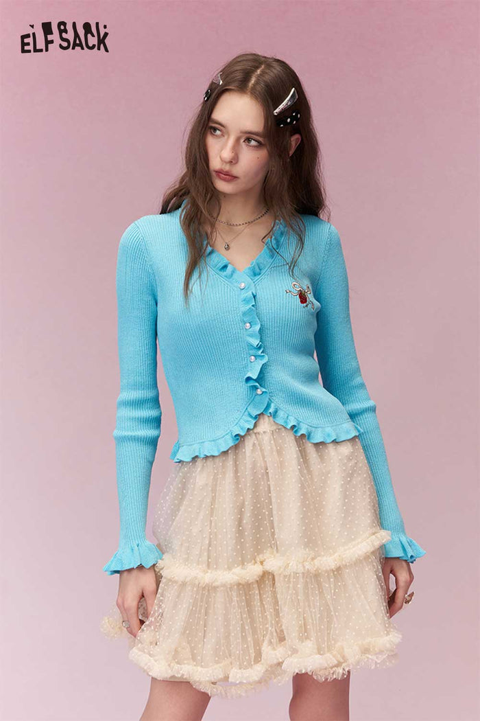ELFSACK Soft Knitted Sweater With Ruffle Trim And Strawberry Embroidery