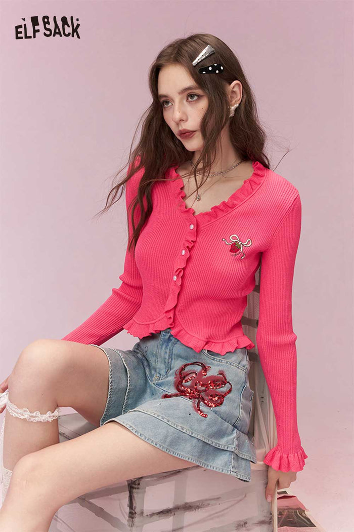 ELFSACK Soft Knitted Sweater With Ruffle Trim And Strawberry Embroidery