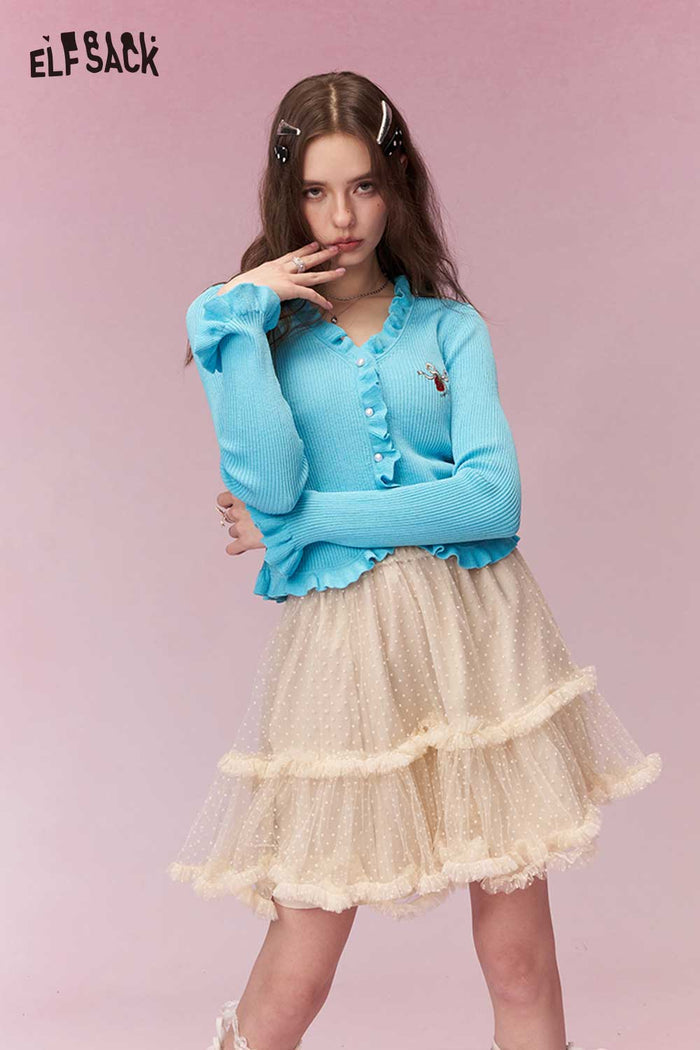 ELFSACK Soft Knitted Sweater With Ruffle Trim And Strawberry Embroidery