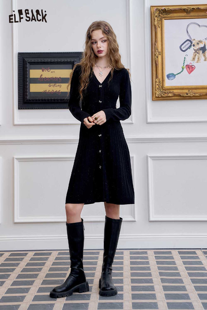 ELFSACK Soft Knitted V-Neck Bow Button Design Bodycon Dress