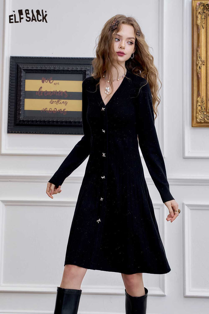 ELFSACK Soft Knitted V-Neck Bow Button Design Bodycon Dress