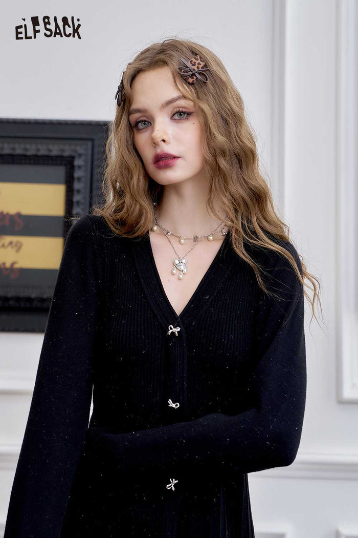 ELFSACK Soft Knitted V-Neck Bow Button Design Bodycon Dress