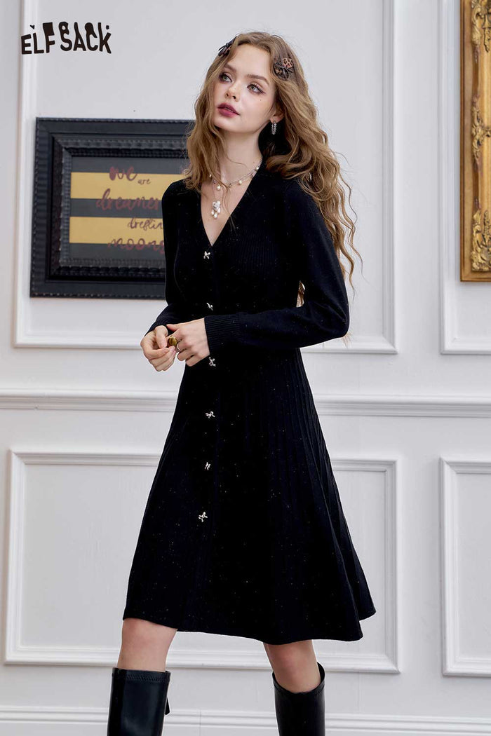 ELFSACK Soft Knitted V-Neck Bow Button Design Bodycon Dress