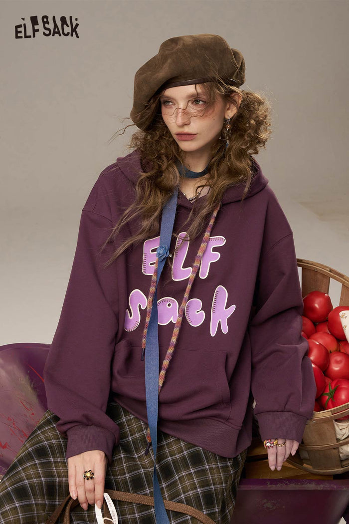 ELFSACK Soft Letter Print Loose Crew Neck Sweatshirt