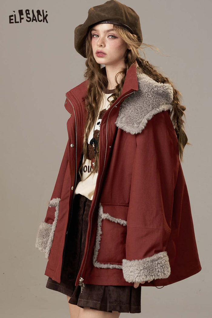 ELFSACK Soft Loose Fit Plush Panel Lapel Collar Short Coat