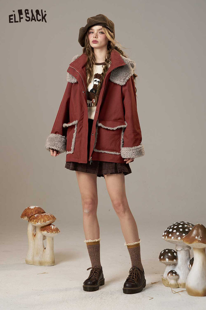 ELFSACK Soft Loose Fit Plush Panel Lapel Collar Short Coat