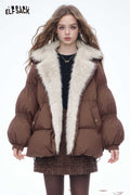 ELFSACK Soft Loose Plush Lining Plush Lapel Solid Down Jacket