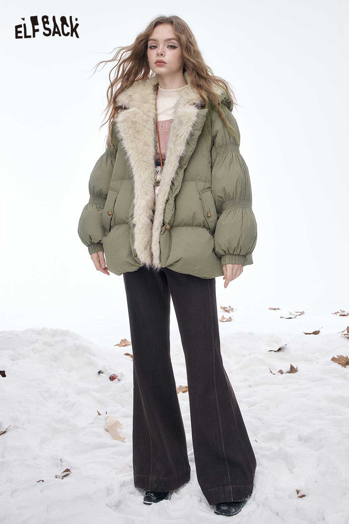 ELFSACK Soft Loose Plush Lining Plush Lapel Solid Down Jacket