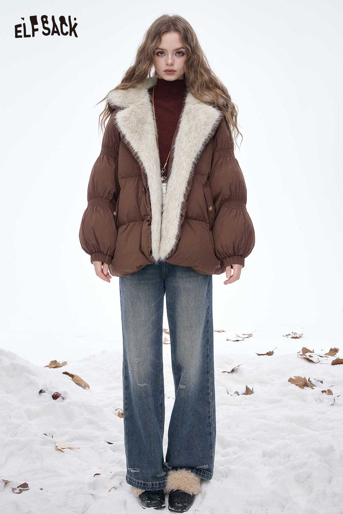 ELFSACK Soft Loose Plush Lining Plush Lapel Solid Down Jacket