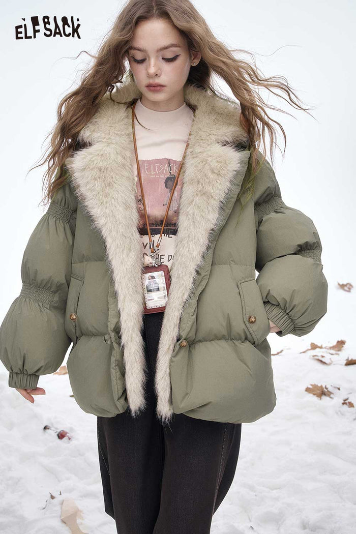ELFSACK Soft Loose Plush Lining Plush Lapel Solid Down Jacket
