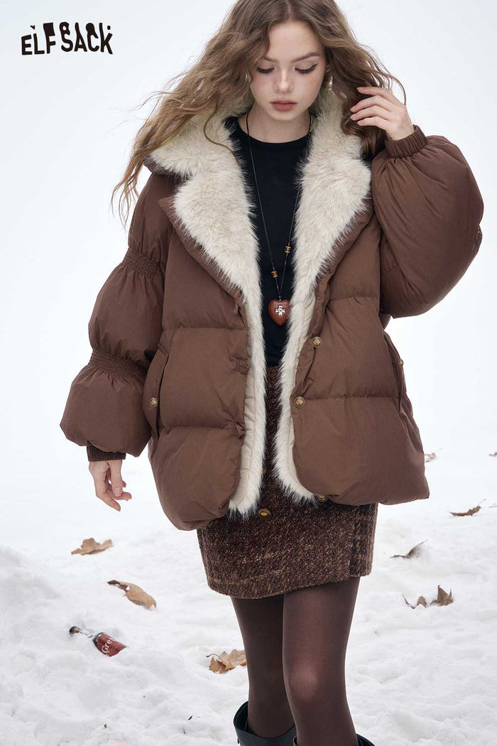 ELFSACK Soft Loose Plush Lining Plush Lapel Solid Down Jacket